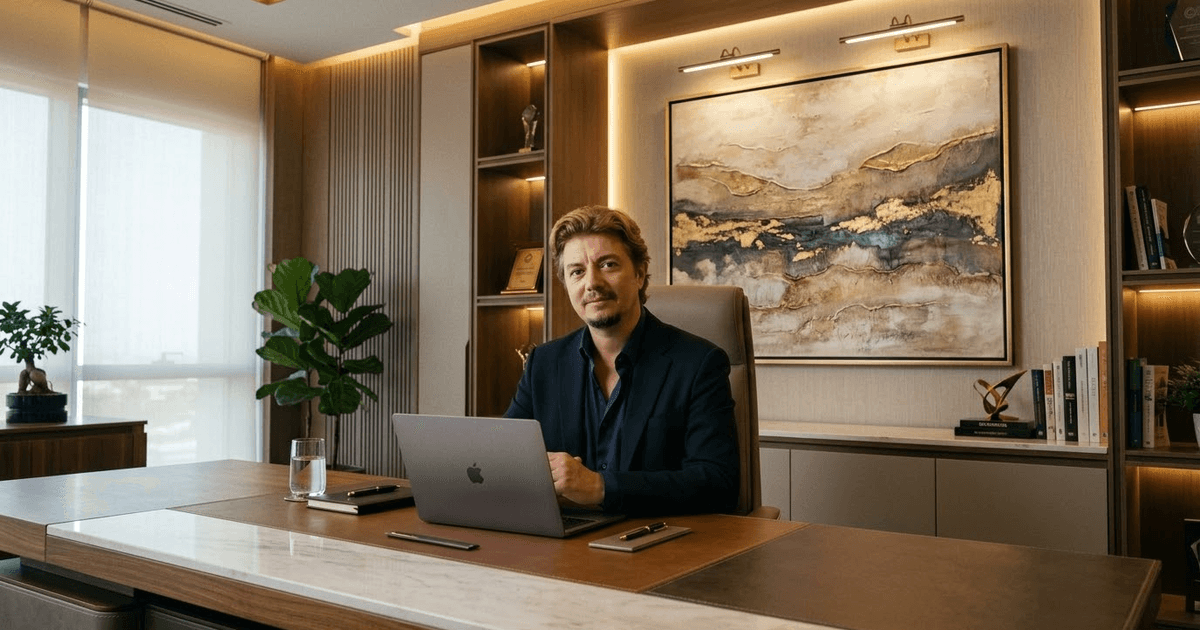 Semih Çalışkan ofisinde dizüstü bilgisayarının başında